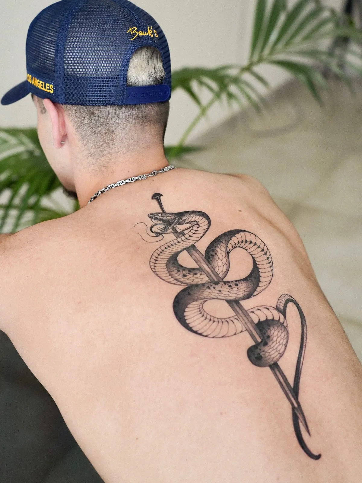 Two snakes coiled around a dagger, filling a whole back in black and grey.